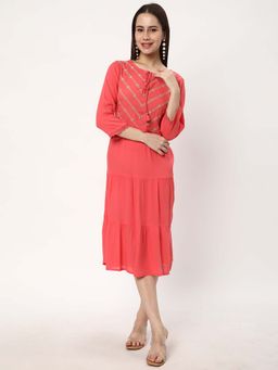 R&B - Rayon Tiered Embroidered Tie-Up Neck Women Midi Dress