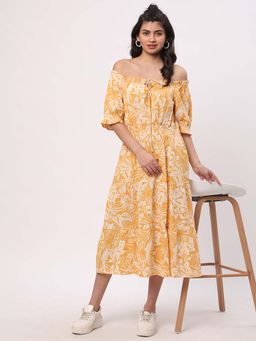 R&B - Cotton Fit and Flare Tropical Print Tiered Women Midi Dress