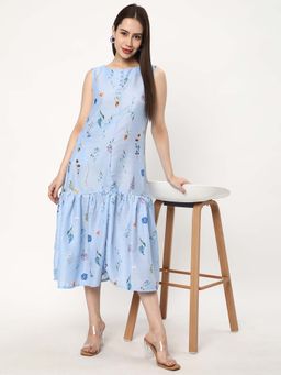 R&B - Polyester Tiered Floral Print Button Detail Women Blue Midi Dress