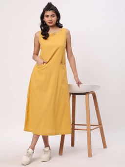 R&B - Cotton A-Line Embroidered Mirror Work Mustard Midi Dress