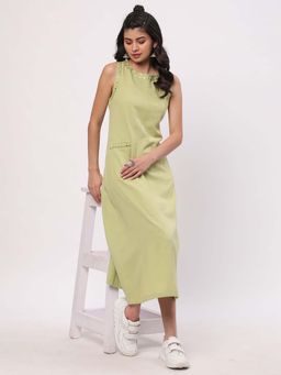 R&B - Cotton A-Line Embroidered Mirror Work Green Midi Dress