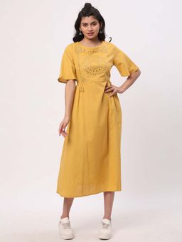 R&B - Cotton A-Line Embroidered Flared Mustard Sleeves Women Midi Dress