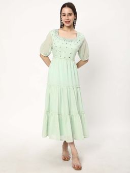 R&B - Georgette Tiered Embroidered Square Neck Women Midi Dress