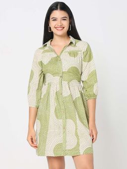 R&B - Cotton Fit and Flare Ethnic Motifs Back Green Women Mini Dress