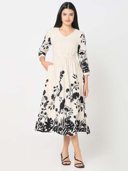 R&B - Rayon Fit and Flare Floral Printed Calf-Length Black Midi Dress