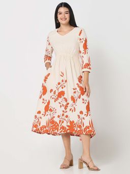 R&B - Rayon Fit and Flare Floral Printed Calf-Length Orange Midi Dress