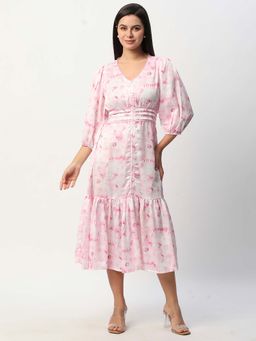 R&B - Rayon Fit and Flare Abstract Tiered Pink Midi Dress