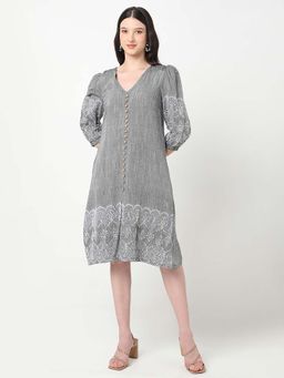 R&B - Cotton A-Line Embroidered Button-Front Knee Length Dress