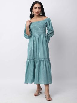 R&B - Cotton Fit and Flare Striped Smocked Midi Dress