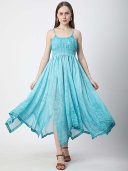 R&B - Poly Muslin Empire Waist Stripes Smocked Women Blue Midi Dress