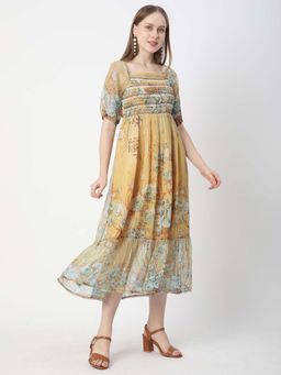 R&B - Georgette Empire Waist Floral Smocked Tiered Mustard Midi Dress