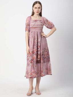 R&B - Georgette Empire Waist Floral Smocked Tiered Pink Midi Dress