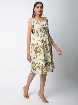 R&B - Rayon Smock Floral Print Ruffled Hem Women Knee Length Dress