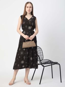 R&B - Rayon A-Line Ethnic Motif Women Black Midi Dress