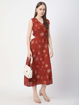 R&B - Rayon A-Line Ethnic Motif Women Red Midi Dress
