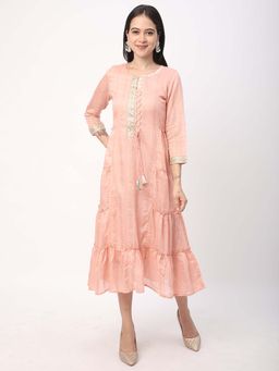 R&B - Chanderi Tiered Embroidered Women Peach Midi Dress