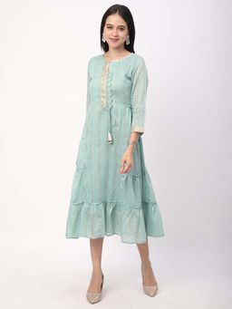 R&B - Chanderi Tiered Embroidered Women Green Midi Dress