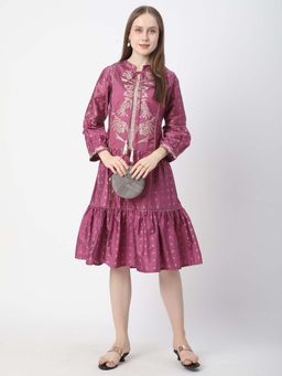 R&B - Viscose Tiered Embroidered Tie-Up Neck Wine Knee Length Dress