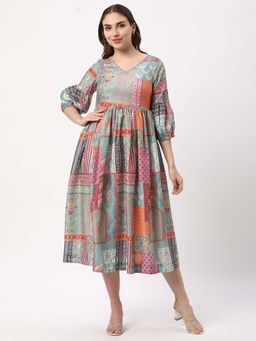 R&B - Polyester Empire Waist Ethnic Motif Flared Cut-Out Women Midi Dress