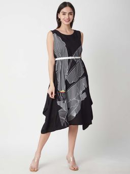 R&B - Viscose A-Line Tropical Print Black Women Midi Dress