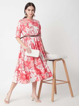 R&B - Viscose Shirt Tiered Paisley Print Pink Midi Dress with Belt