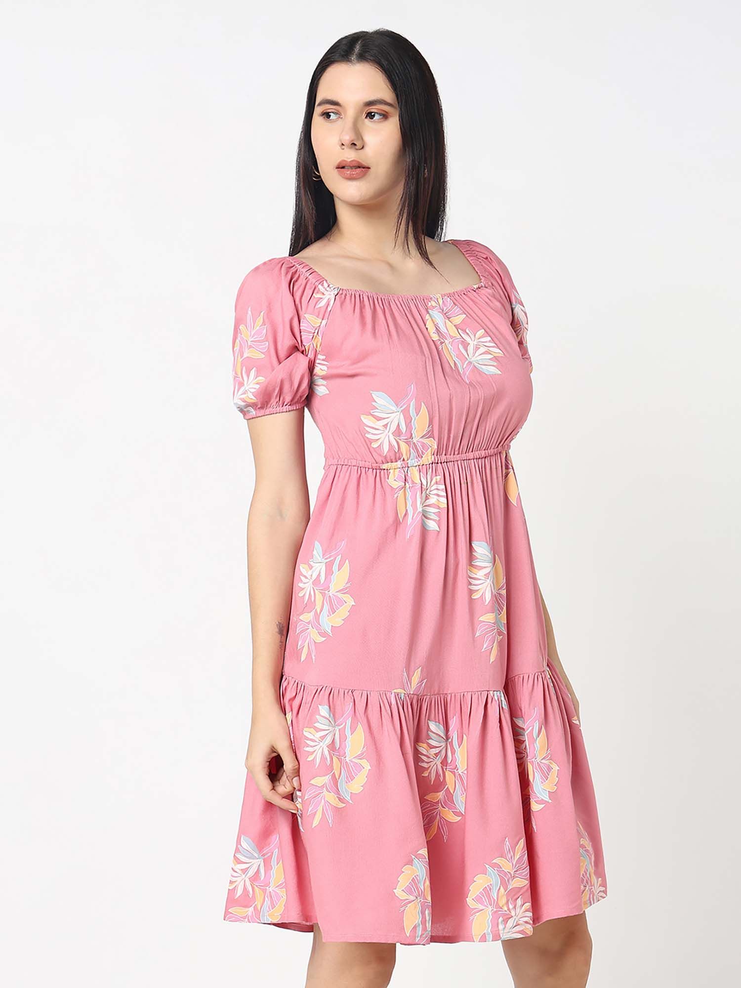 r&b Viscose A-Line Printed Tiered Empire Waist Knee Length Dress-picture-39