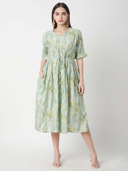 R&B - Polyester Fit and Flare Floral Print Green Knee Length Dress