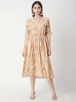 R&B - Polyester Fit and Flare Floral Print Brown Knee Length Dress