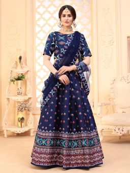 Odette - Festive Designer Navy Blue Semi Stitched Lehenga With Unstitched Blouse (Set of 3)