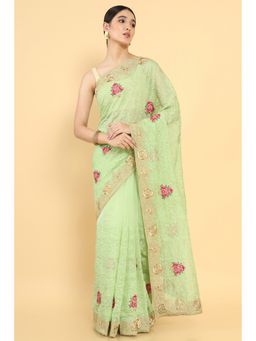Soch - Women Green Organza Embroidered Saree with Unstitched Blouse