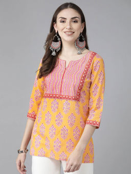 Rain & Rainbow - Women Orange & Pink Ethnic Printed Sequinned Pure Cotton Kurti