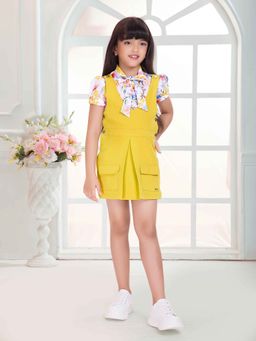 TINY BABY - Mustard Linen Short Sleeves Floral Designed Top and Dungarees