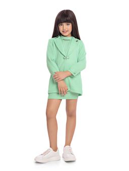 TINY BABY - Pista Green Lycra Knitted Full Sleeves Solid Dress and Jacket with Belt