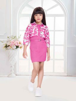 TINY BABY - Pink Lycra 3/4 Sleeves Floral Designed Dress with Jacket and Belt