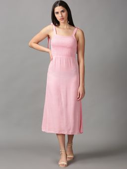 SHOWOFF - Womens Shoulder Straps Midi Pink Solid Dress