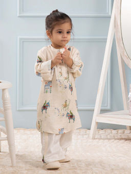 THE BABY TRUNK - Boys Beige Printed Kurta with Pyjama (Set of 2)