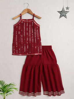 The Magic Wand - Girls Maroon Embroidered Top with Sharara (Set of 2)