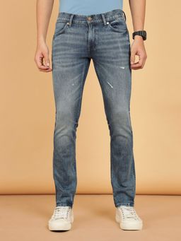 Wrangler - Men's Blue Skanders Slim Fit Low Rise Heavy Fade Jeans