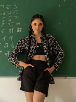 House of Ekam - Back To School Black Typography Shorts Set (Set of 2)