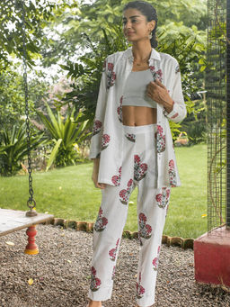 House of Ekam - Afreen White Poppy Printed Co-Ord (Set of 2)