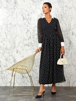 Styli - Black Long Sleeves Polka Dot Print V Neck A-line Maxi Dress