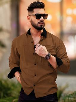 MANIAC - Solid Collared Neck Full Sleeve Brown Cotton Shirt