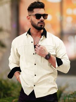 MANIAC - Solid Collared Neck Full Sleeve Cream Cotton Shirt