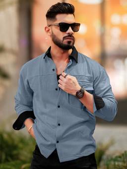 MANIAC - Solid Collared Neck Full Sleeve Grey Cotton Shirt
