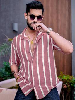 MANIAC - Striped Collared Neck Half Sleeve Pink Popcorn Knitted Shirt