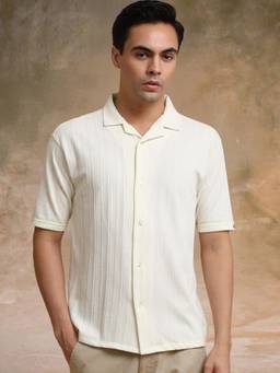 MANIAC - Textured Half Sleeve Collared Neck Cream Cotton Shirt