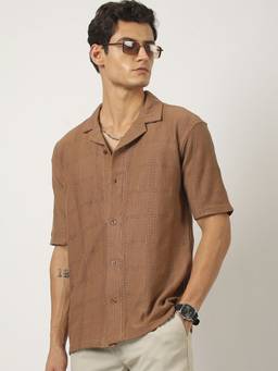 MANIAC - Textured Collared Neck Brown Cotton T-Shirt