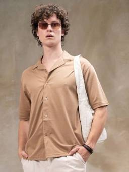 MANIAC - Solid Collar Neck Beige Cotton Blend Shirt