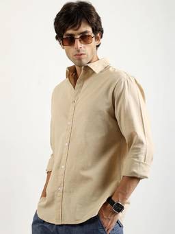MANIAC - Solid Mens Collared Neck Cotton Linen Beige Shirt