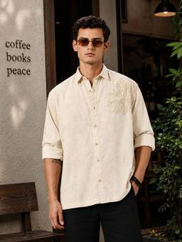 MANIAC - Leafline Embroidered Collared Neck Beige Cotton Blend Shirt